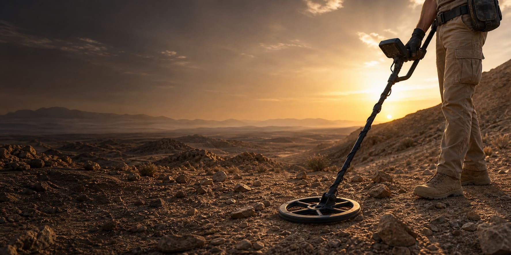 Field search with metal detector on mineral ground